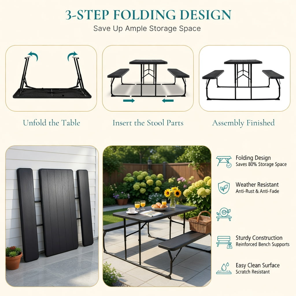 Hommoo Folding Outdoor Picnic Table & Bench Set, Steel Frame with Wood-Look HDPE Top, Heavy-Duty Folding Patio Table for Backyard, Camping, and Tailgating, Black