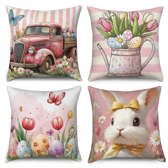Dashan Easter Throw Pillow Covers 20x20 Set of 4,Spring Bunny Rabbit Flower Decorative Pillow Cases for Bedroom Sofa Couch