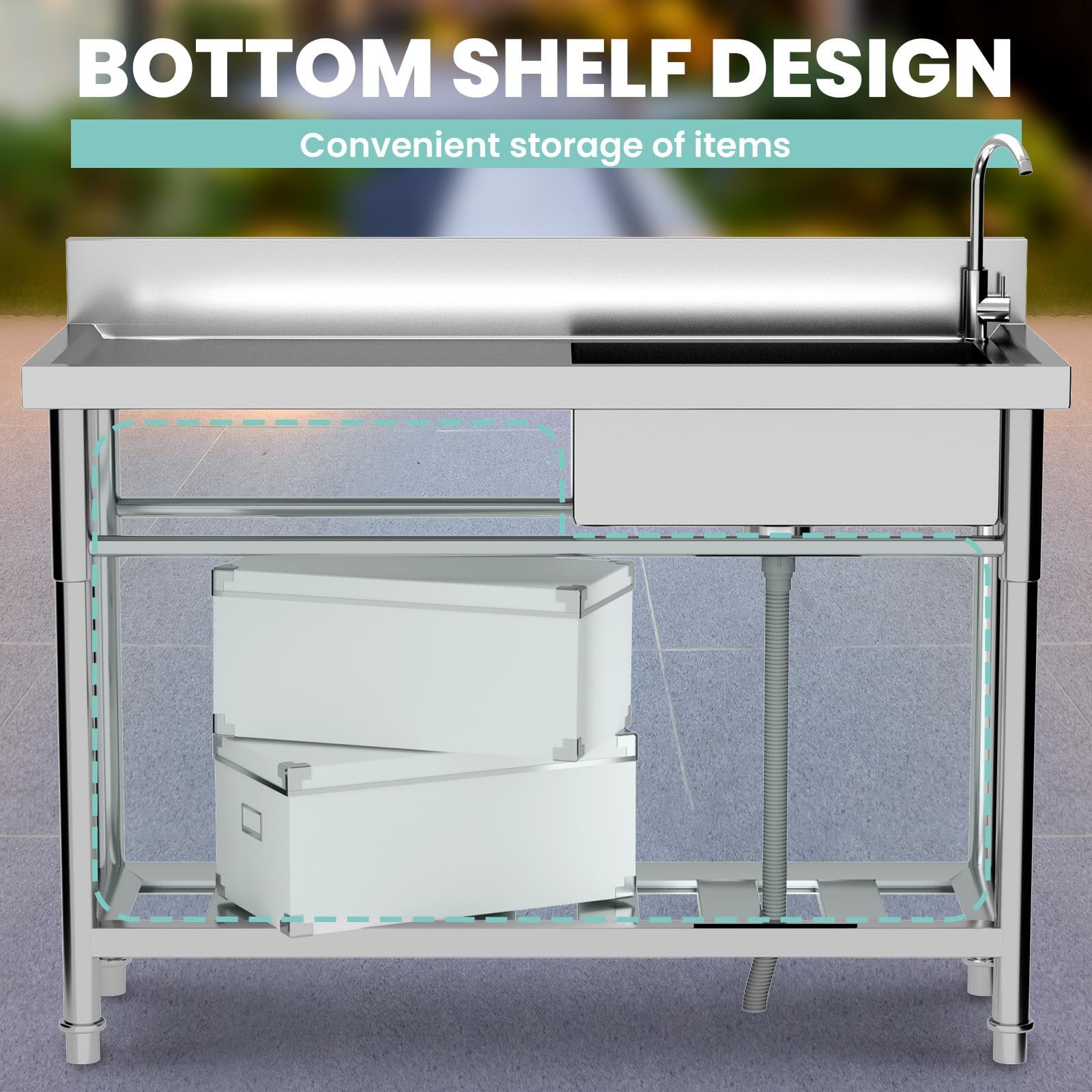 300Lbs-Load capacity stainless steel Single Sink,47.3''*18.5''*33.6'' Stainless Steel Utility Sink, Free Standing Single Bowl Kitchen Sink Set with Faucets Hot & Cold Water Pipes for Food Truck, Bar,