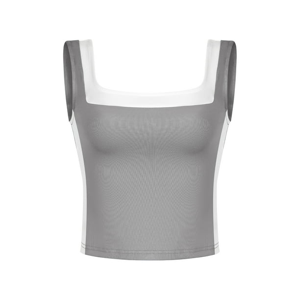 ATHLECHIC Top de tanque corto ajustado para mujer, con escote cuadrado y bloque de color, camisón deportivo para el verano, color gris