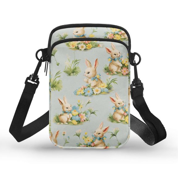 HELLHERO Double Zipper Crossbody Small Crossbody Bags Polyester for Adults, Bunnies Floral Field