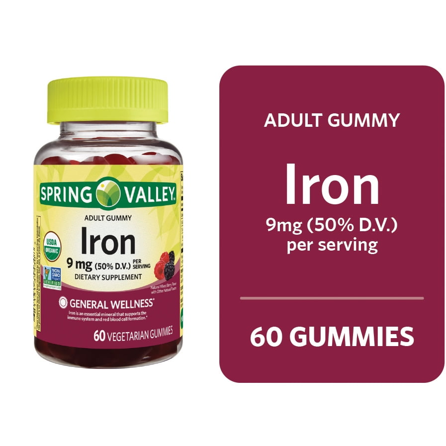 Spring Valley General Wellness/Circulatory Health Iron Supplement Gummies, Mixed Berries, 9 mg, 60 Count