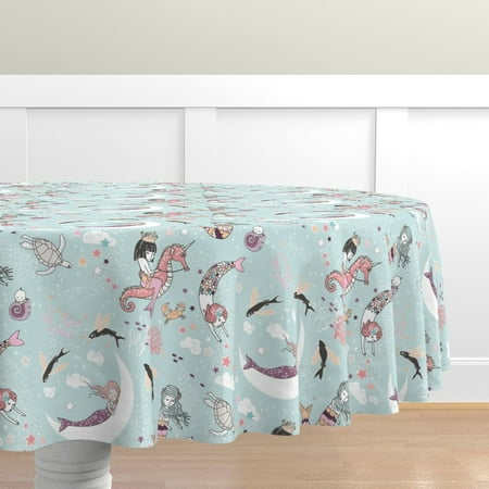 

Cotton Sateen Tablecloth 90 Round - Mermaid Lullaby Large Mermaids Whimsical Baby Nursery Nautical Ocean Dreamy Print Custom Table Linens by Spoonflower