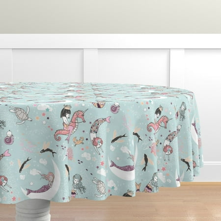 

Cotton Sateen Tablecloth 90 Round - Mermaid Lullaby Large Mermaids Whimsical Baby Nursery Nautical Ocean Dreamy Print Custom Table Linens by Spoonflower