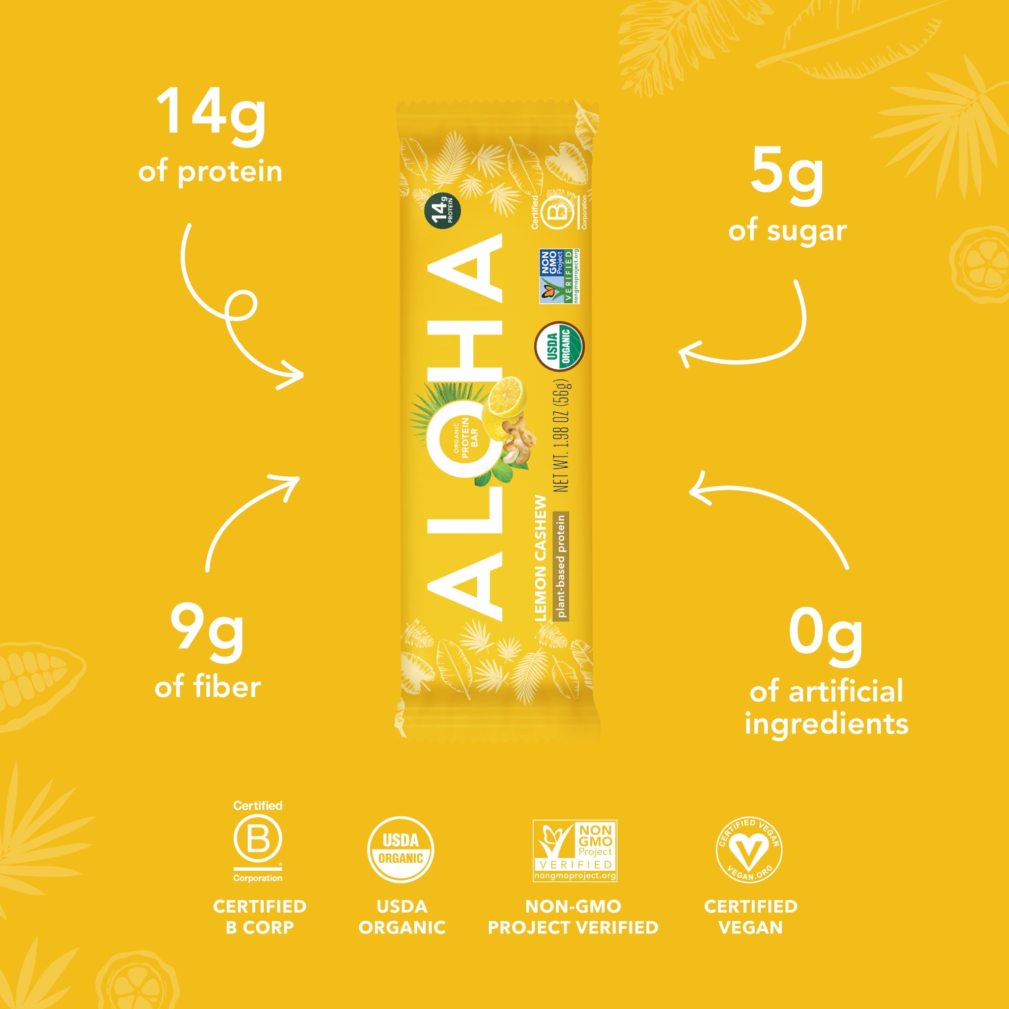 ALOHA Plant Based Protein Bars, Lemon Cashew, 14g Protein (Pack of 12)