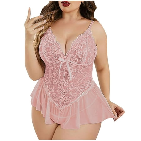 Sexy Lingerie  ZVNAH Plus Size Camisole Dress  Deep V Neck Lace Mesh Dress  Christmas Gifts for Women  Bow Tie On Chest  Clearance Lingerie for Women  See-through Ultra-thin Dress
