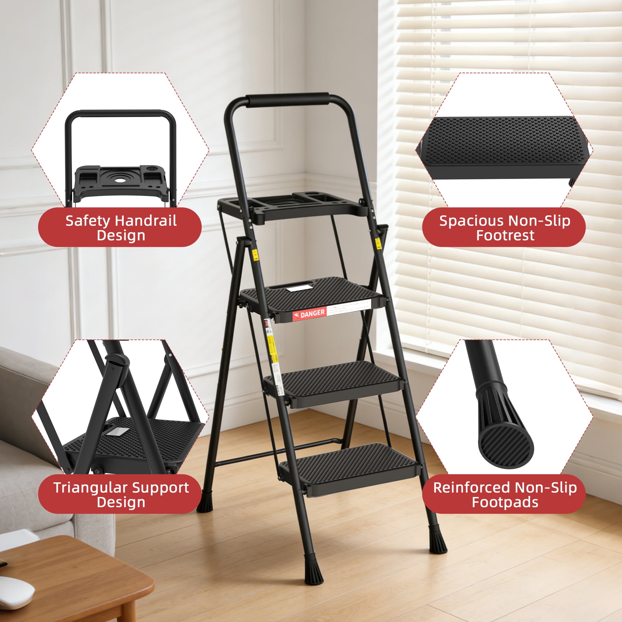 LevLad 3 Step Ladder with Tool Tray, 3 Step Stool with Safety Lock, Non-Skid Wide Steps, Household Folding Ladder for Home, Garden, Painting, Outdoor, Garage, Black