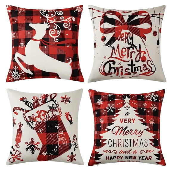 Haperlare 4 Pack Christmas Plaid Pillow Covers 18"x18" Farmhouse Xmas Gift Square Pillow Covers for Couch Home Decoration, Red/Black