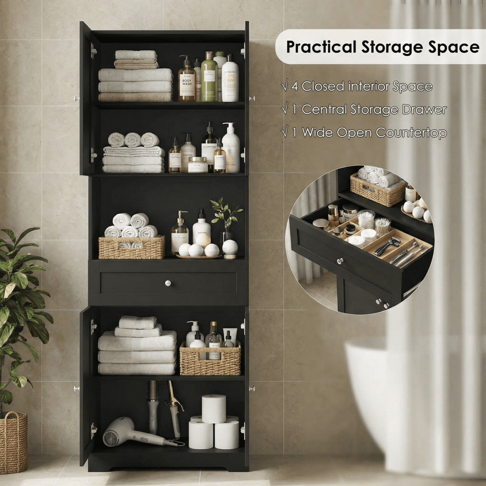 Homfa 67.5" Tall Farmhouse Bathroom Storage Cabiet with Drawer, 4 Door Modern Freestanding Storage Cabinet Cupboard, Black