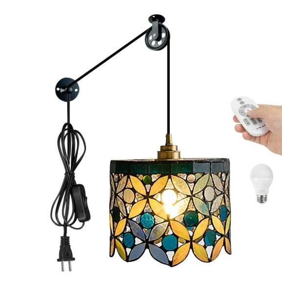 Kiven Plug in Pendant Light Adjustable Height, Antiqued Stained Glass Hanging Light Fixture with Remote and Brass Lamp Holder, Dimmable Pendant Light for Reading Hallway Bedroom Kitchen Cafe