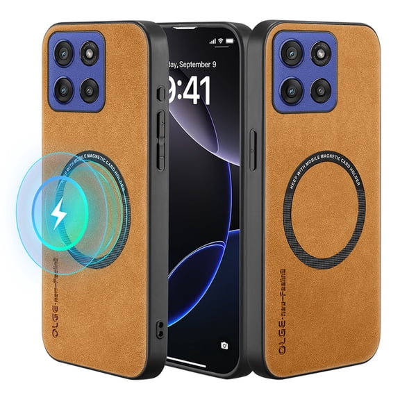 ELEHOLD For Moto G 5G (2025) Magnetic Case, Shockproof Ultra Slim Luxury Leather Magnetic Drop Protection Cover Full Lens Protection, Brown