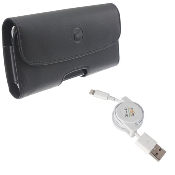 USB Cable w Case Belt Clip for iPhone XS/X - Retractable Charger Power Cord Sync, Leather Holster Cover Pouch Loops for iPhone XS/X