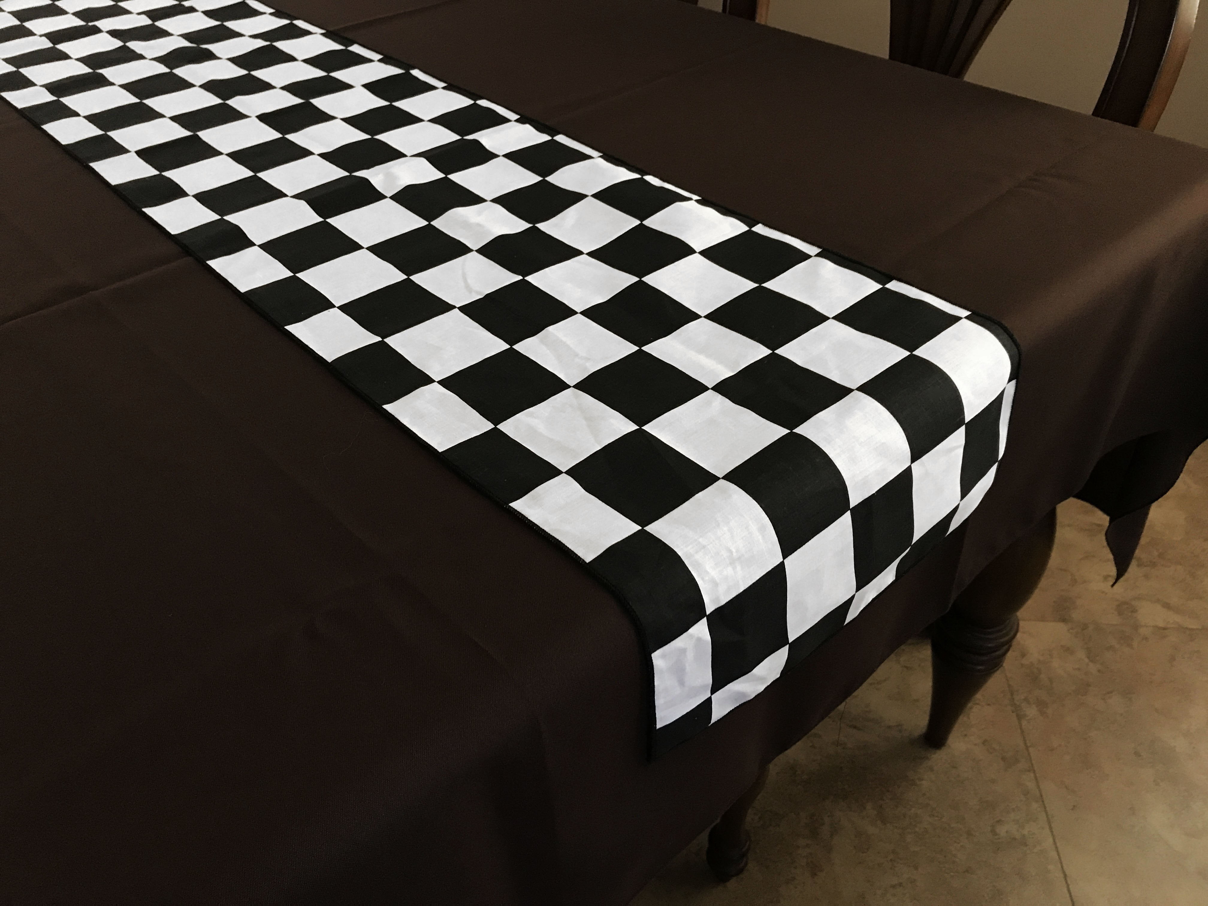 Poly Cotton 2" Checkerboard Black and White Print Table Runner for NASCAR Party 