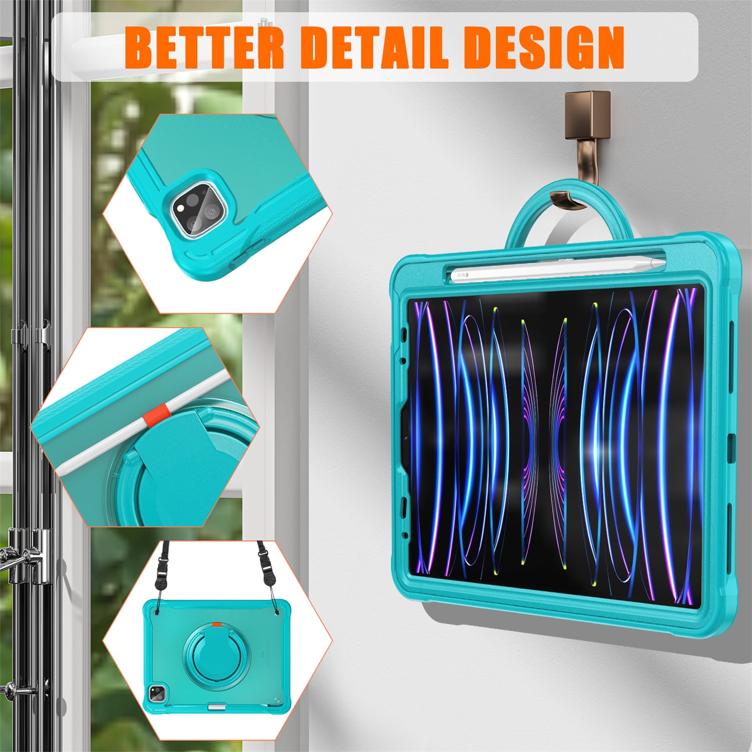 SaniMore Case for Apple iPad Air 11 (2024), with Shoulder Strap Pencil Slot Hybird PC TPU Back Cover 360° Ratating Handle Bracket Shockproof Anti-fall Rugged Kids Shell, Blue