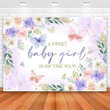 Custom Butterfly Baby Shower Backdrop Sweet Baby Girl is On The Way Baby Shower Party Decorations Floral Girls Baby Shower Party Banner Props (7x5ft 83x59inch)