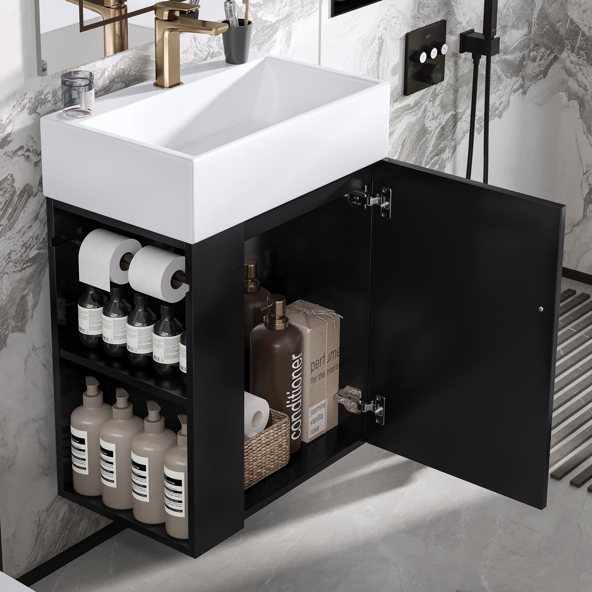 20 Inch Bathroom Vanity with Ceramic Sink, Diamond Pattern Door Design, Gold Handle & Side Storage Shelves – Modern Small Space Cabinet with Towel Bar, MDF Construction