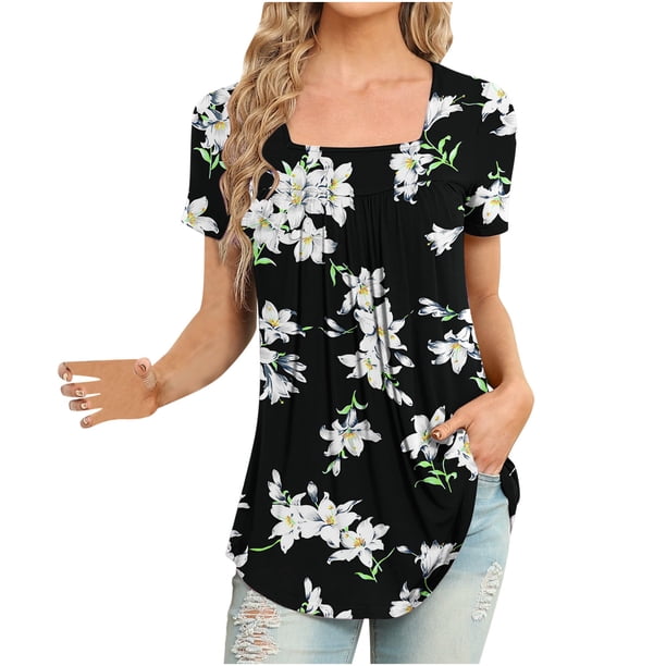 Blusa con estampado de manga corta y cuello cuadrado informal cómoda a la moda para mujer OAVQHLG3B Store lin121212