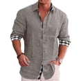 thumbnail image 1 of Camisa con botones para hombre, manga larga, cuello vuelto, patrón liso exterior, estampado interior a cuadros, camisa holgada informal suave para hombre, 1 of 6