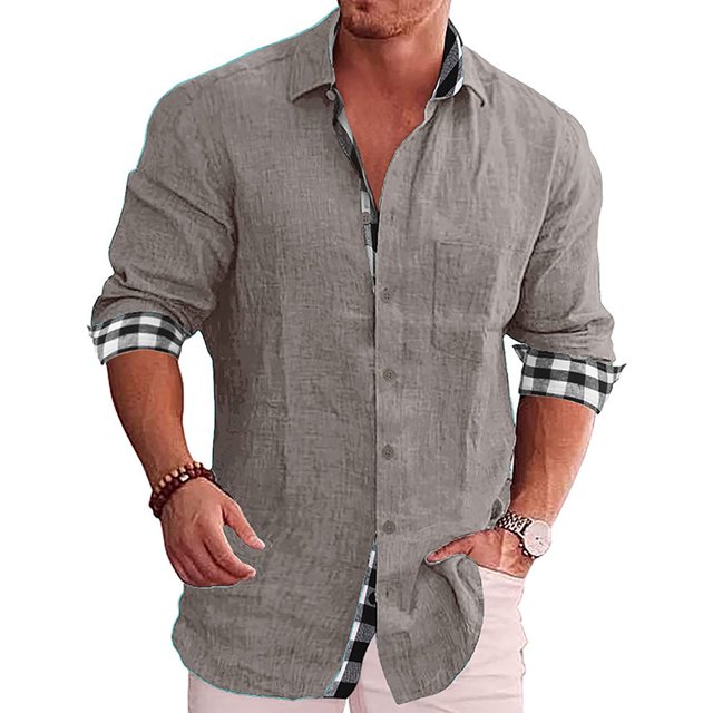 Camisa con botones para hombre, manga larga, cuello vuelto, patrón liso exterior, estampado interior a cuadros, camisa holgada informal suave para hombre