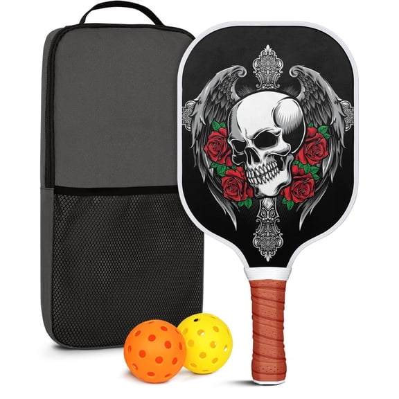 Pickleball Paddles Set Of 1, Fiberglass Surface, Skull & Tattoo Print, 1 Paddle, 2 Balls & Bag