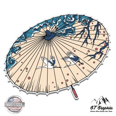 Japanese Graphic Umbrella Cranes Cherry Blossoms - 3" Vinyl Sticker - For Car Laptop I-Pad Phone Helmet Hard Hat - Waterproof Decal