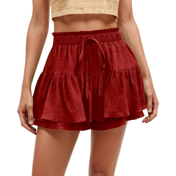 MIXUE Womens Skirts Solid Color Summer Fashionable Sexy Drawstring Pleated Wide Leg Casual Mini Skirt Outwear,Red,XL