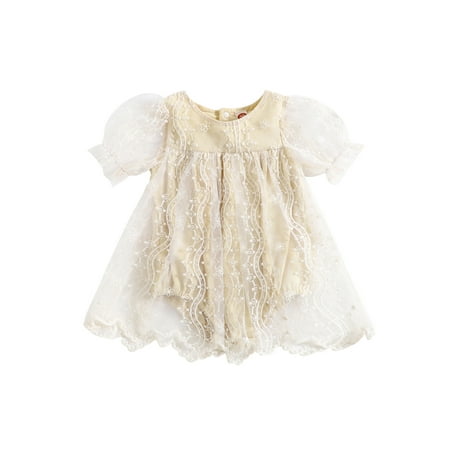 

Infant Baby Girls Romper Dresses Short Sleeve Crew Neck Lace Patchwork Summer A-line Dress for Daily Party