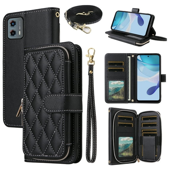 Dswteny Argyle Wallet Case for Motorola Moto G 5G 2023 with Wrist Strap Shoulder Strap, Zipper Purse Luxury PU Leather Flip Credit Card Holder Stand Cell Phone Cover for G5G 5 G G5 Women Girls Black