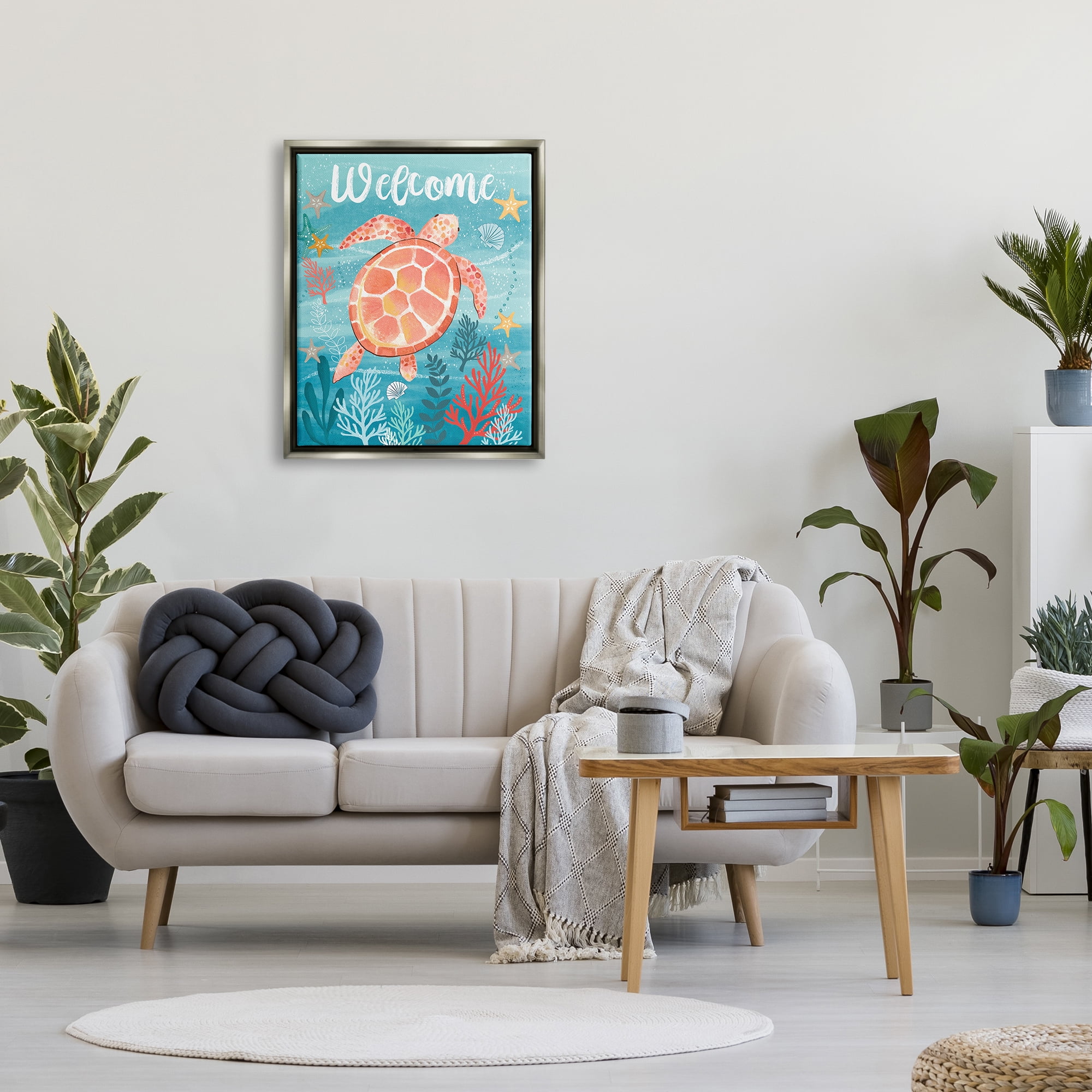 Stupell Industries Welcome Underwater Turtle Scene Animals & Insects Painting Gray Floater Framed Canvas Art Print Wall Art, 25 x 31