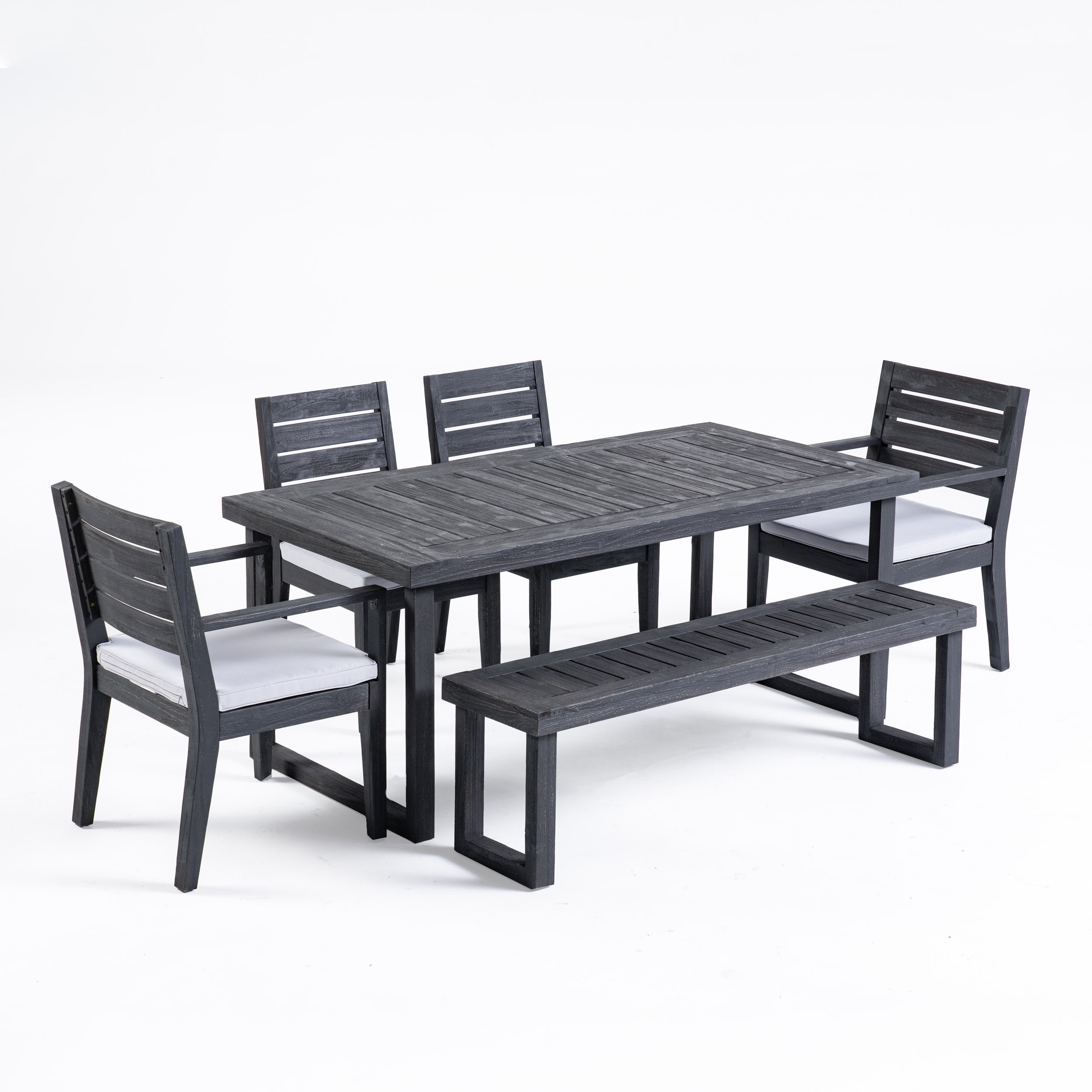 Zoe Outdoor 6 Piece Acacia Wood Dining Set with Bench and Cushions