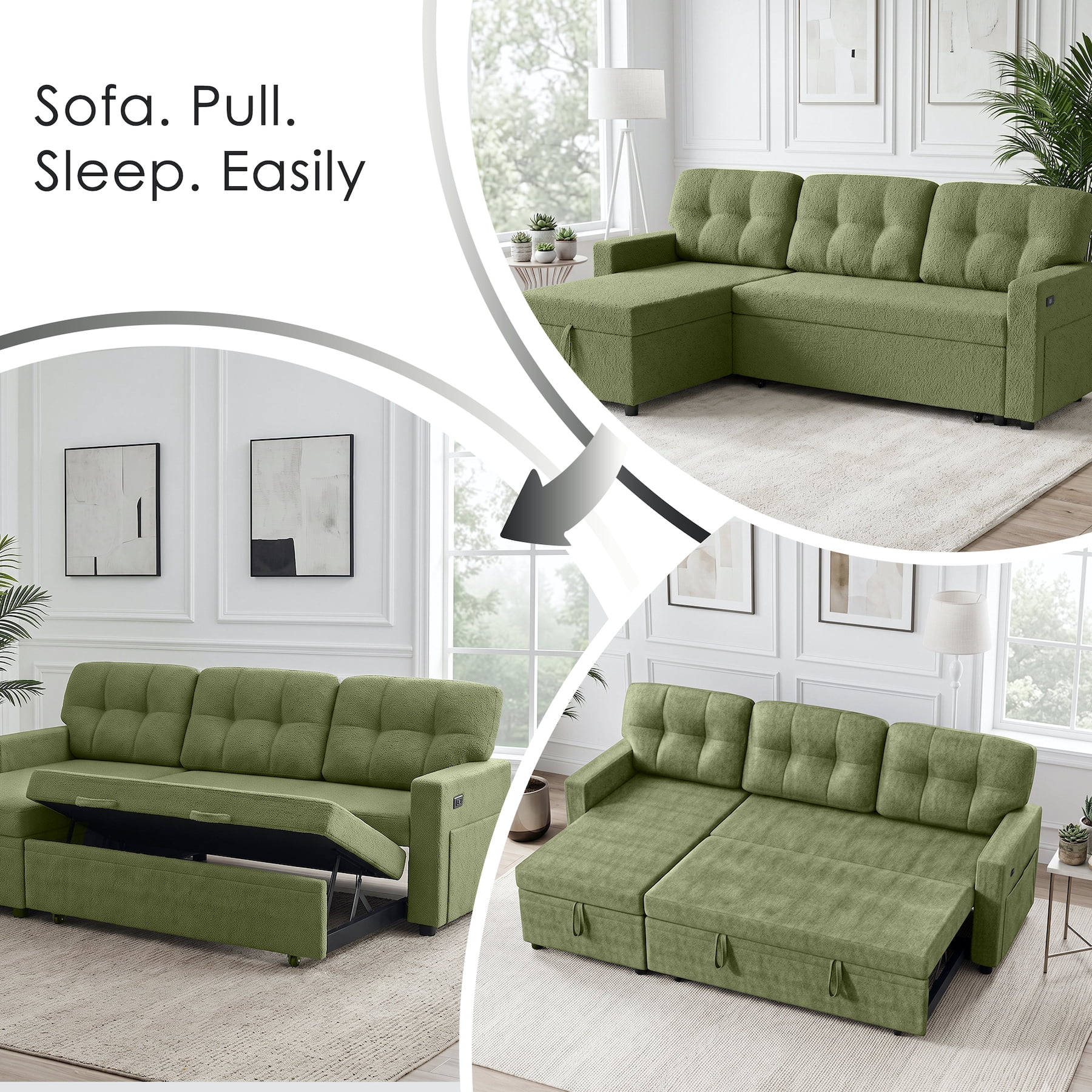 Xiweot Convertible Sleeper Sofa Bed, 82" L Shaped Sectional Couch with Pull Out Bed, Storage Chaise & Reversible Lounge, Teddy Fabric Compact Sectional Sofa for Living Room Apartment (Green)