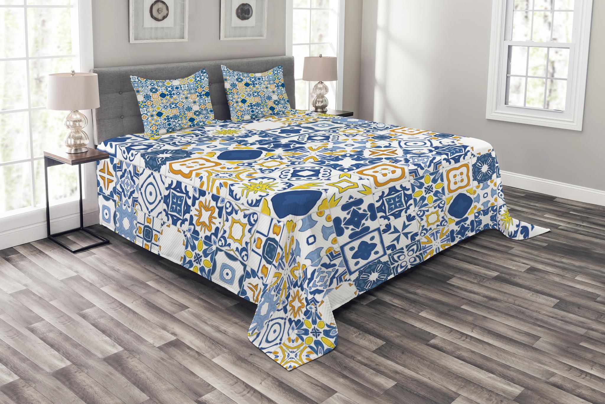 Yellow and Blue Bedspread Set, Mosaic Portuguese Azulejo Mediterranean