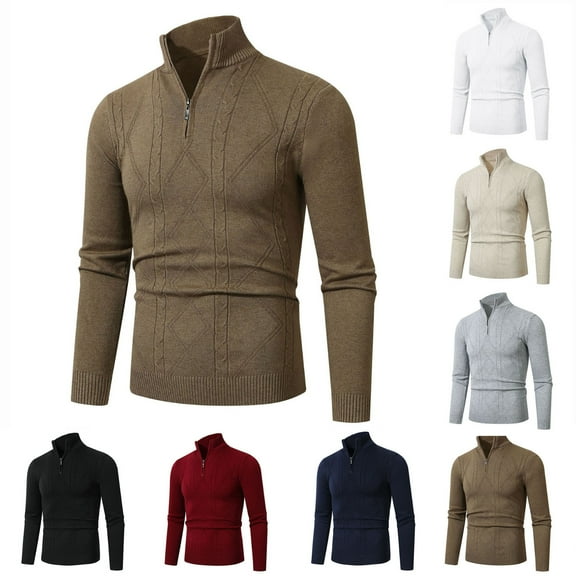 UVEASISHA Pullover Sweater for Men Quarter Zip Stand Collar Knitted Tops Fall Winter Stretchy Slim Fit Sweaters Solid Color Casual TurtleNeck Knit Shirts Brown L
