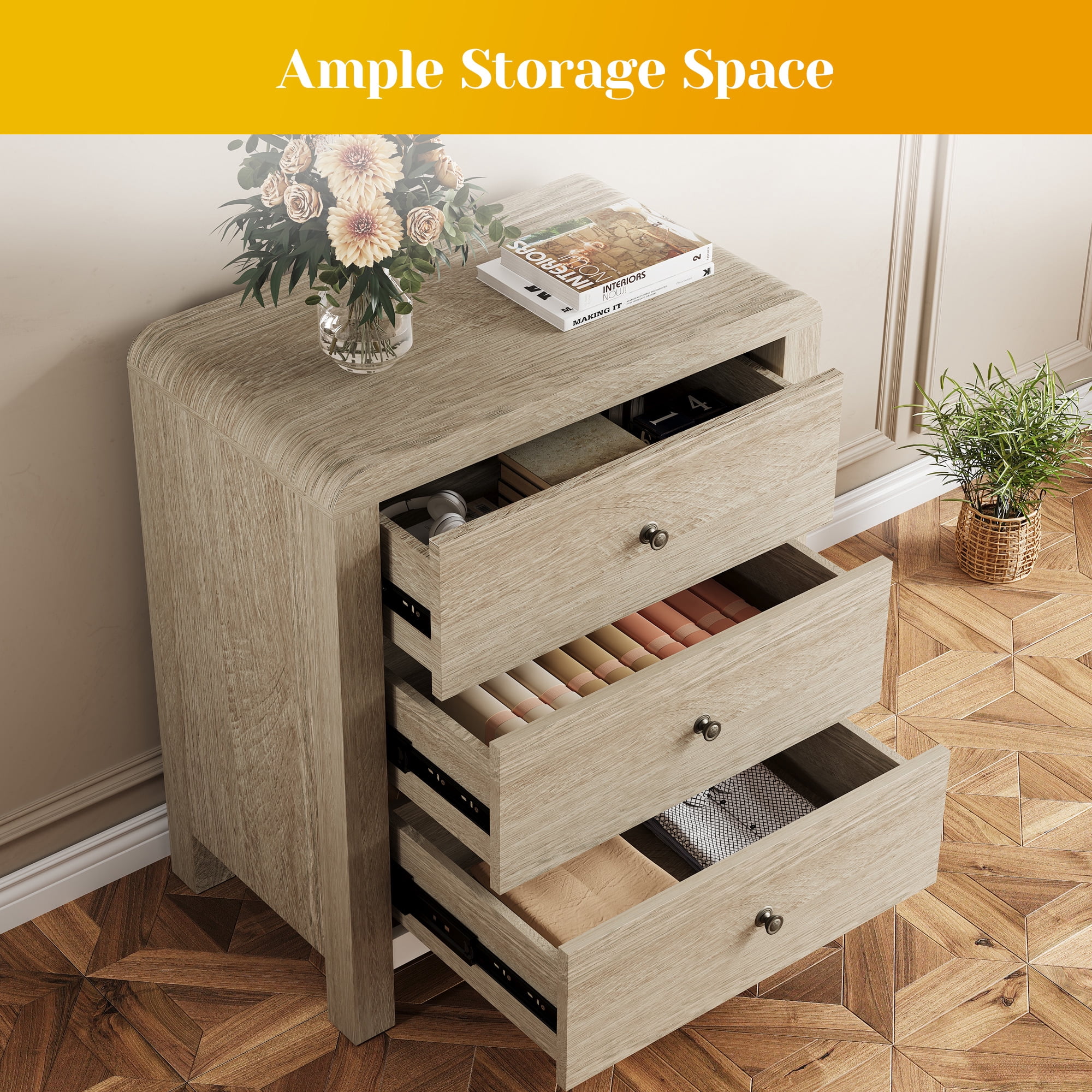 Cozy Home 3 Drawer Dresser Set of 2, Modern Chest of Drawers with Rounded Table Corners, Wooden Closet Dresser Nightstand with Ample Storage Space for Bedroom, Living Room, Entryway, Natural Oak