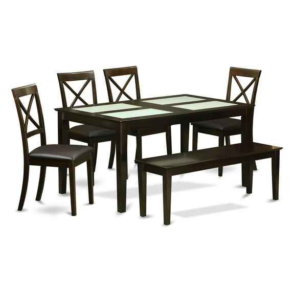 6 Pc Dining Table with bench - Table with Glass Table Top inserts and 4 Dining Chairs.