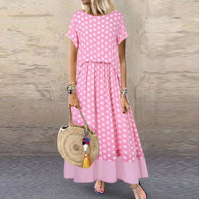 Fankiway Robe Maxi à Pois pour Femmes, Col Rond, Manches Courtes, Été, Grande Taille, Robes de Printemps pour Femmes Courbées 6539