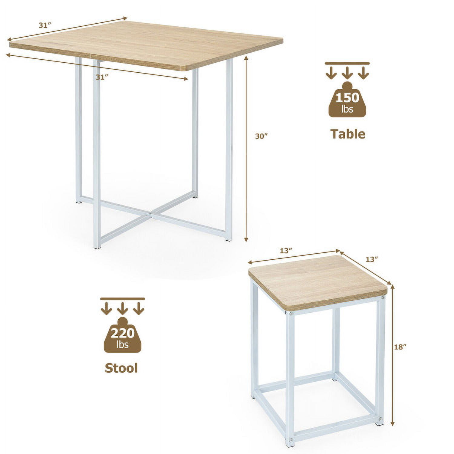 Finihen Dining Set, Dining Table Set, 5 Pieces Metal Frame Dining Set with Compact Dining Table and 4 Stools, for Home, Restaurant, Natural Finihen Dining Set, Dining Table Set, 5 Pieces Metal Frame Dining Set with Compact Dining Table and 4 Stools, for Home, Restaurant, Natural