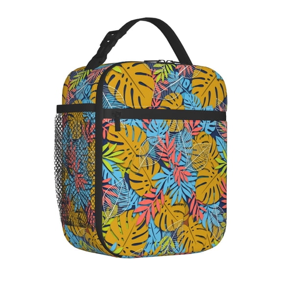 Tropical Insulated Lunch Bag Stylish Palm Leaf Reusable Cooler Tote with Front Pocket Handheld Portable Meal Prep Bag for Work Office Travel