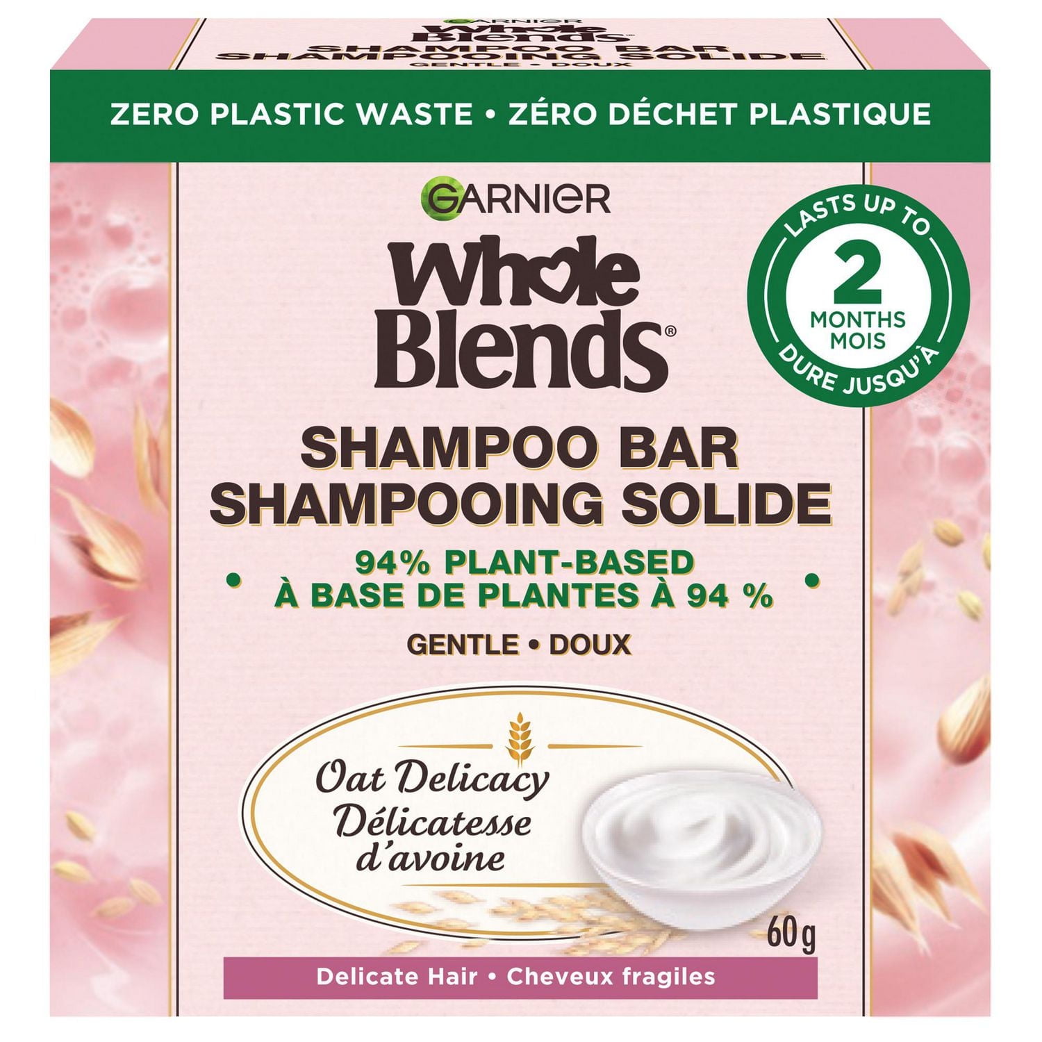 Garnier Whole Blends Shampooing Solide doux Délicatesse d'avoine pour cheveux fragiles, Emballage zéro plastique,  sans agents de conservation, sans silicone, sans savon ni pigments, avec crème de riz