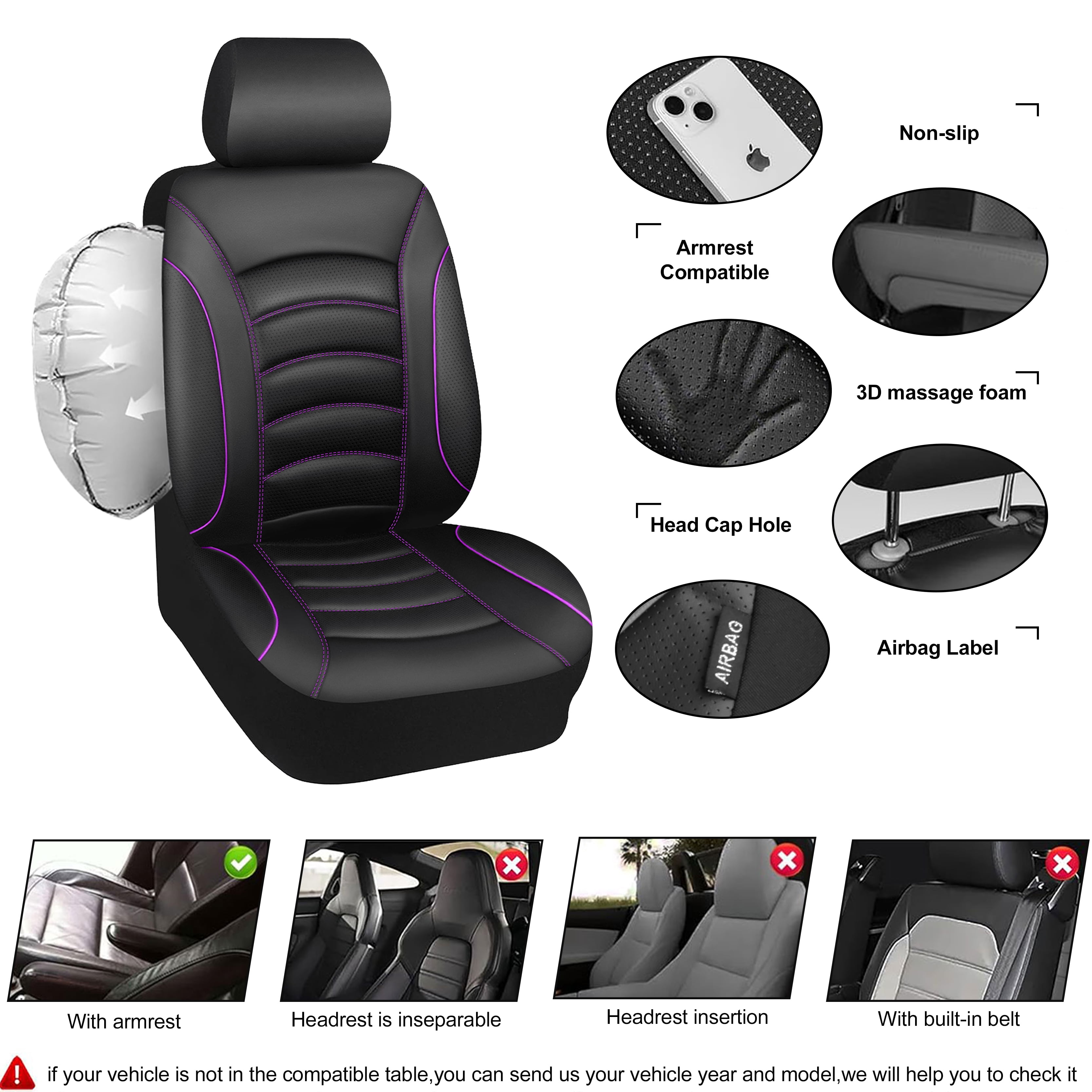 CAR GRAND PU Leather Car Seat Covers, Universal Fit Front Pair for Trucks SUV Sedan Automotive Seat Protectors Armrest Airbag Compatible Waterproof 3D Foam Comfortable Nappa Leather Purple Piping
