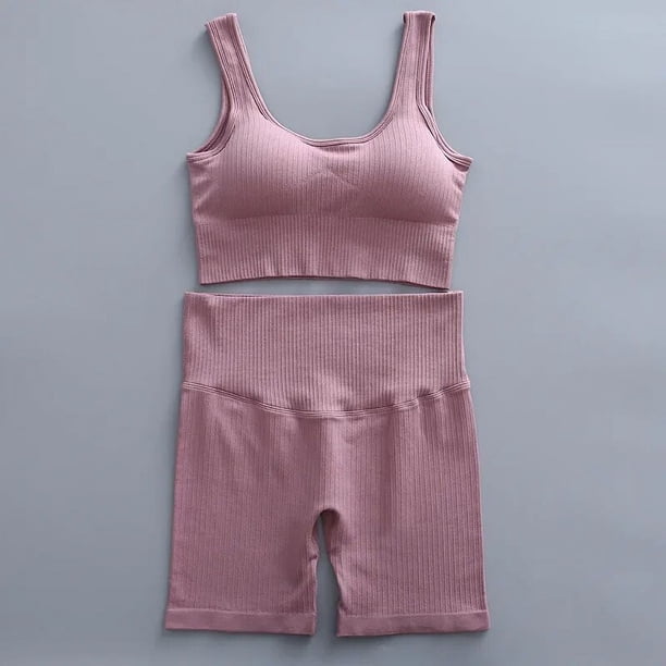 Conjunto de 2 piezas acanalado para mujer, conjunto de Top corto, ropa deportiva sin costuras para correr, traje deportivo y Top, pantalones cortos de gimnasio para Fitness de cintura alta para mujer