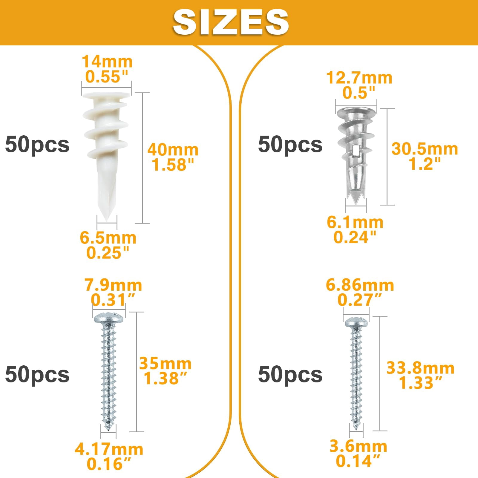 140Pcs #8 Self Drilling Drywall Anchors with Screws Kit, Heavy Duty Dry Wall Anchors for Hanging Sheetrock, 50 Self-Tapping Plastic Drywall Hangers 50 Sheet Rock Screws, Mounting Hardware -75LB