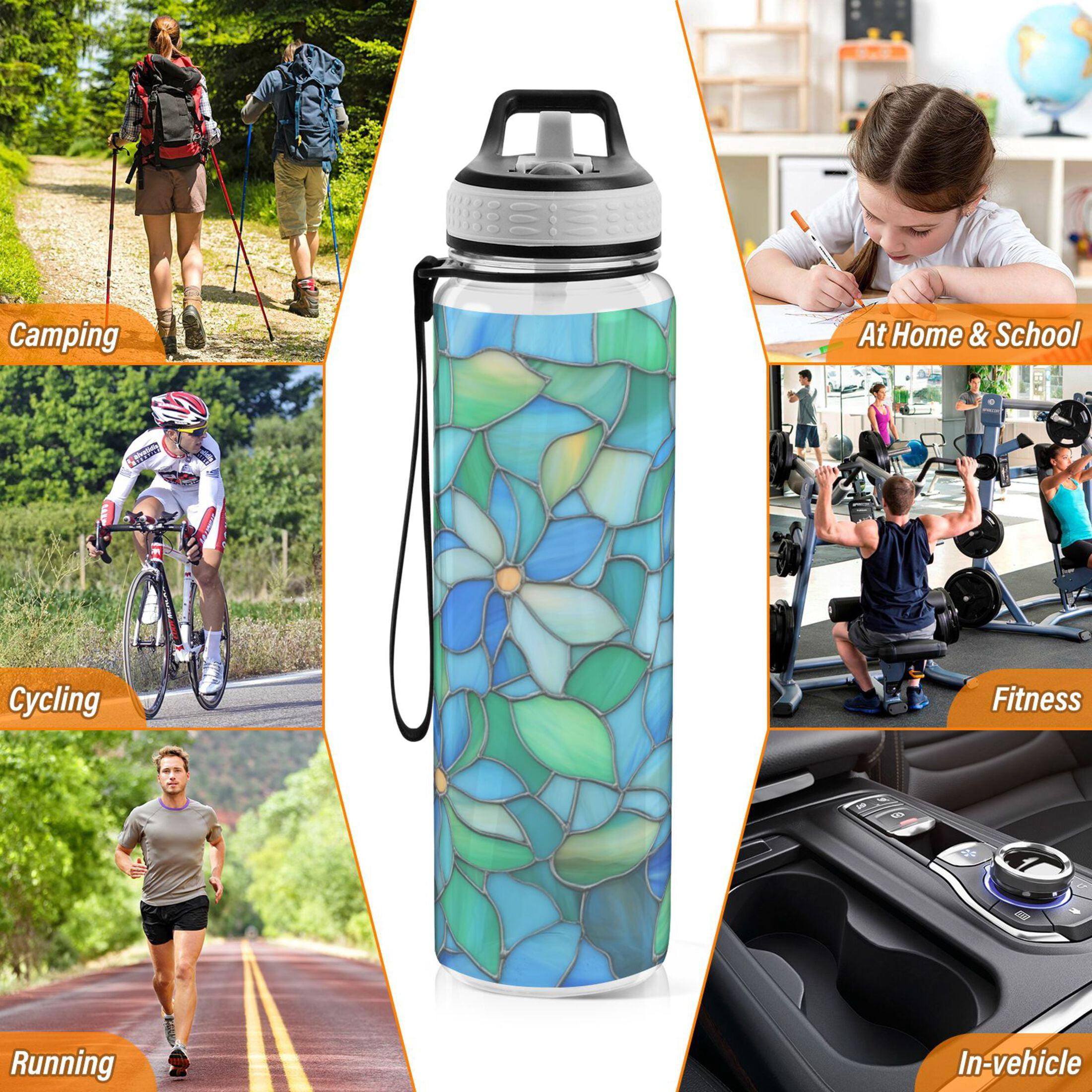 Qxltty Light Blue Green Glass Water Bottle 32 oz with Straw BPA Free Reusable Fitness Sport Bottle Perfect for Travel School Outdoors and Gym