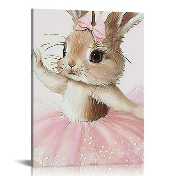 FCXZI Wall Art for Nursery Baby Room Cute Prints Wall Decor Pictures Pink Preppy Dress Rabbit Ballet Artwork Canvas Paintings for Girls Room Bedroom Hone Decoration Canvas painting 12x16in