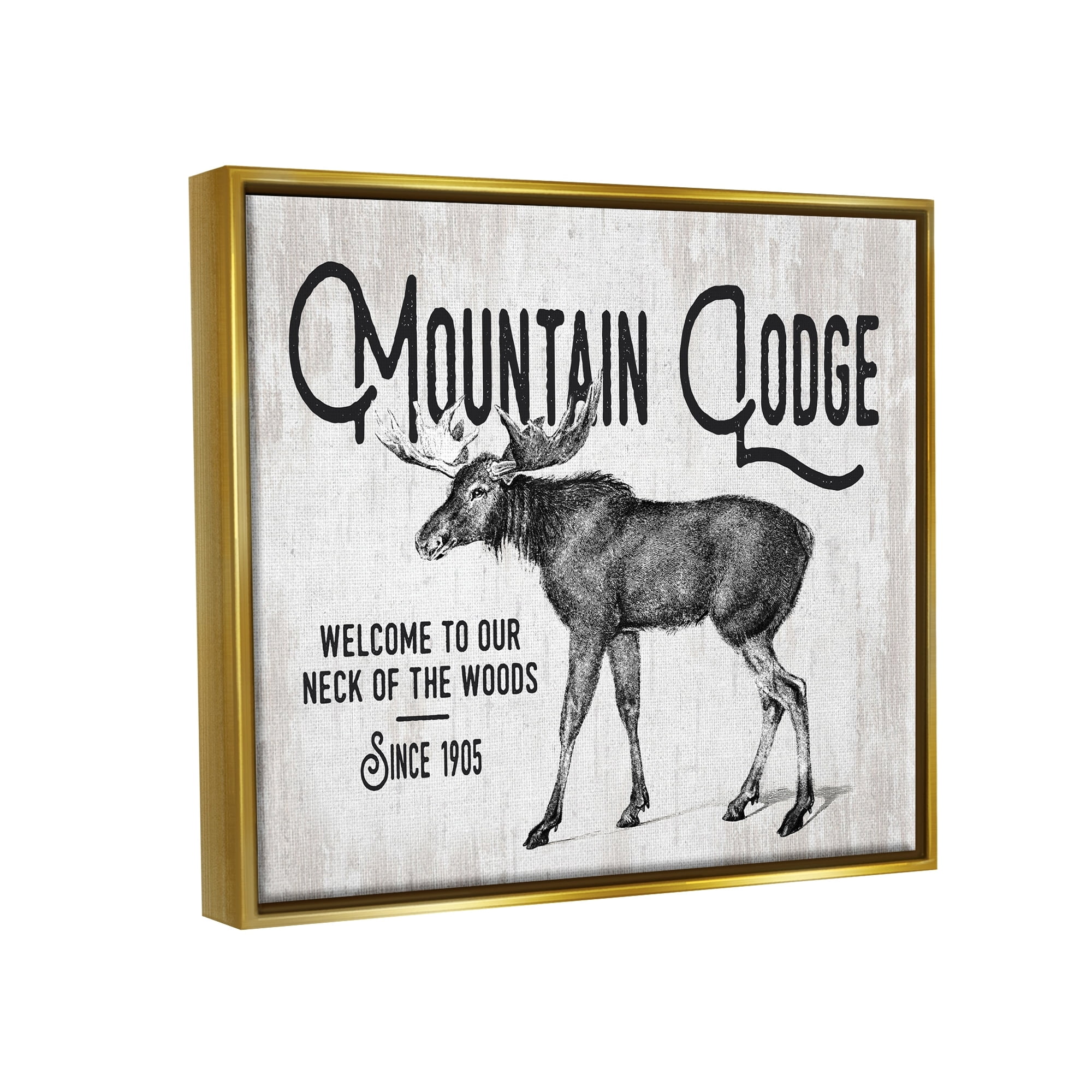 Stupell Industries Rustic Mountain Lodge Vintage Moose Cabin Sign Graphic Art Metallic Gold Floating Framed Canvas Print Wall Art, Design by Lettered and Lined