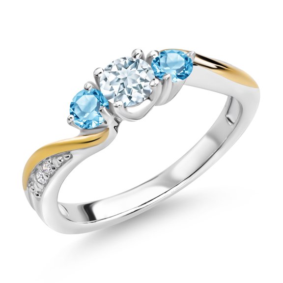 Gem Stone King 925 Silver and 10K Yellow Gold Sky Blue Aquamarine Swiss Blue Topaz and White Lab Grown Diamond 3 Stone Engagement Ring for Women (0.58 Cttw, March Birthstone, Size 9)