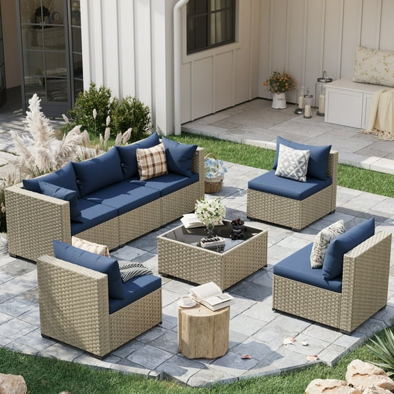POTEBAN 7 Pieces Outdoor Patio Furniture Set, Grey Rattan Wicker Outdoor Conversation Sectional Sofa Set with Cushions for Backyard, Navy Blue