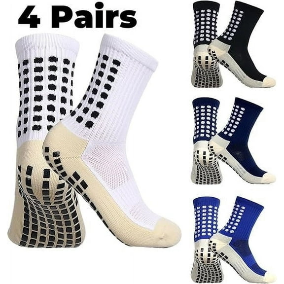 VEGCOO   Men’s Soccer Socks, 4 Pairs Anti slip Sports Socks, Grip Basketball Yoga Football Socks(White/Blue/Black/Navy blue)