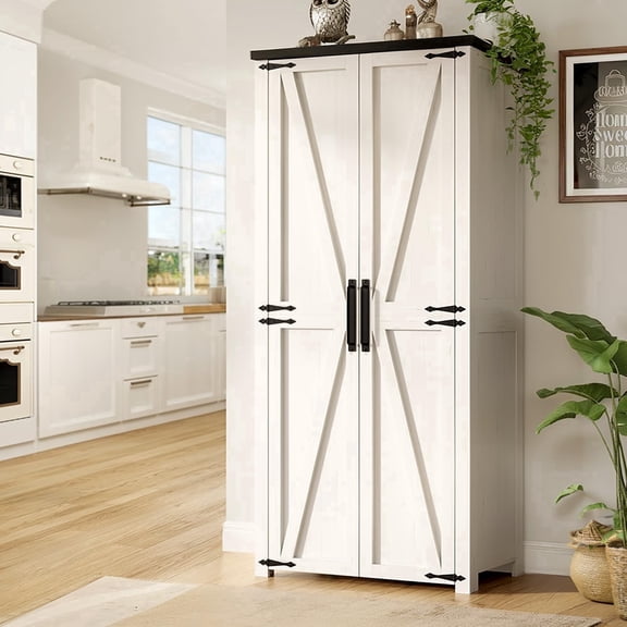 Food Pantry Storage Cabinet with Led Light, 71" Tall Farmhouse Kitchen Pantry Cabinet with Adjustable Shelves