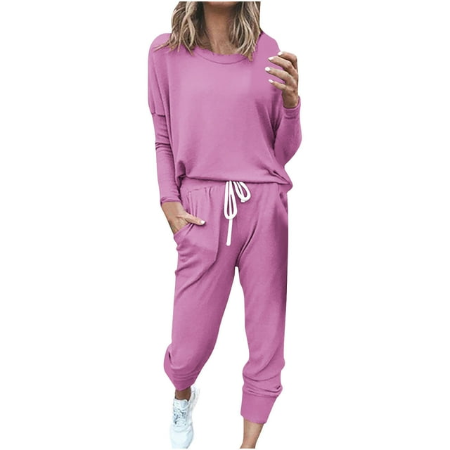 Besolor Ensemble 2 Pcs pour Femme, Haut Décontracté à Col Rond à Manches Longues et Pantalon à Cordon, Ensemble de Détente Survêtement